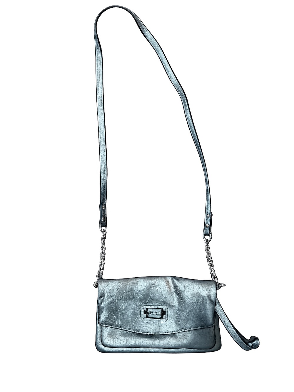 Nine West Silver Metallic Crossbody Clutch Wallet Purse Chain Strap Small Bag